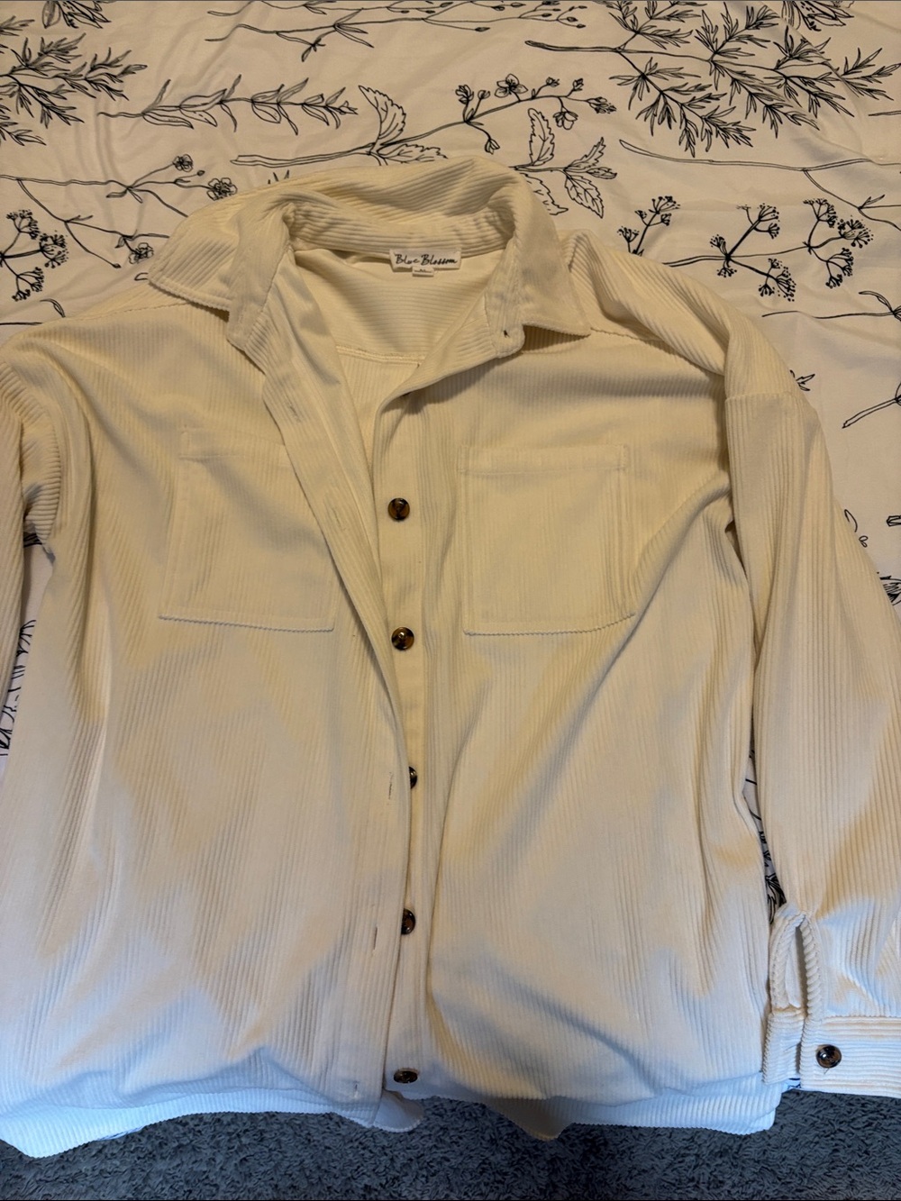 Blue Blossom Cream Ribbed Corduroy Button-Down Shirt